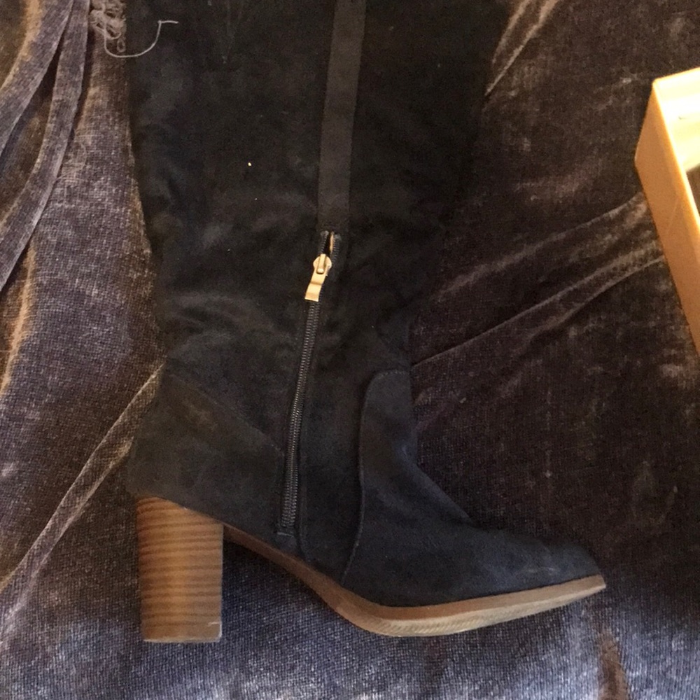 Navy Suede Mid-Calf Heeled Boots
